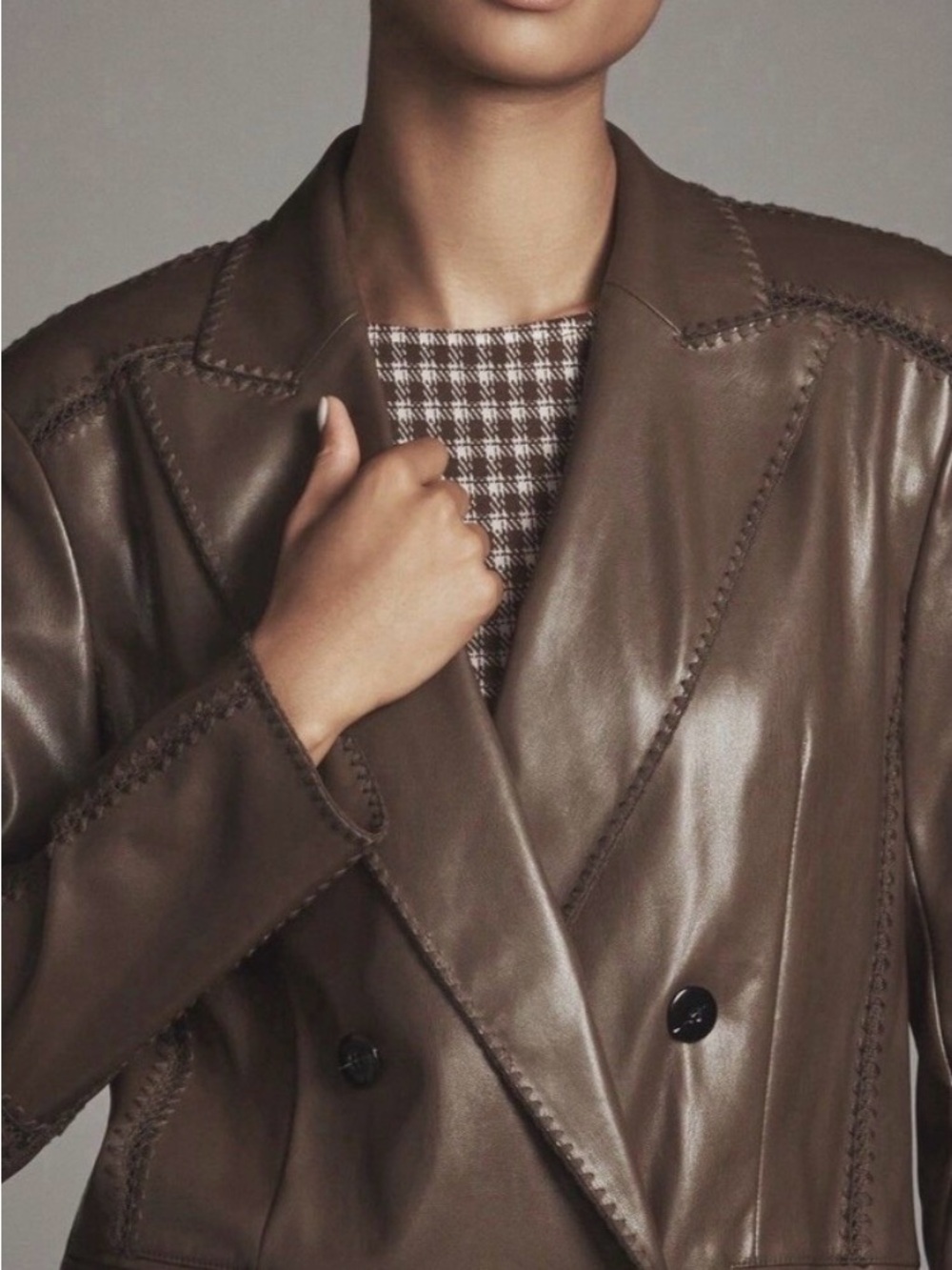 NWT Anthropologie Faux Leather Crochet Stitch Blazer Brown XXS - Picture 4 of 16